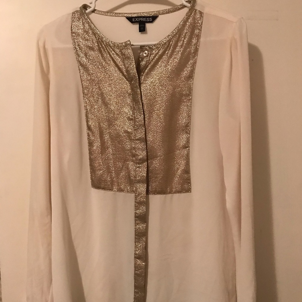 Express Sheer White/Sparkly Gold Button Down Shirt